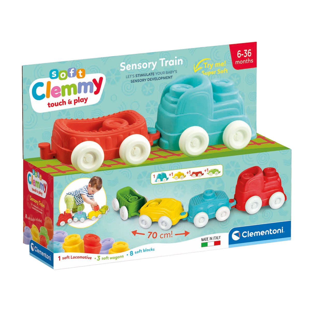 Clementoni Baby - Clemmy sensorischer Zug mit weichen Blöcken, 12dlg.