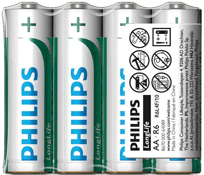 Philips batterij longlife tr-battery r6 4pcs. longlife mignon