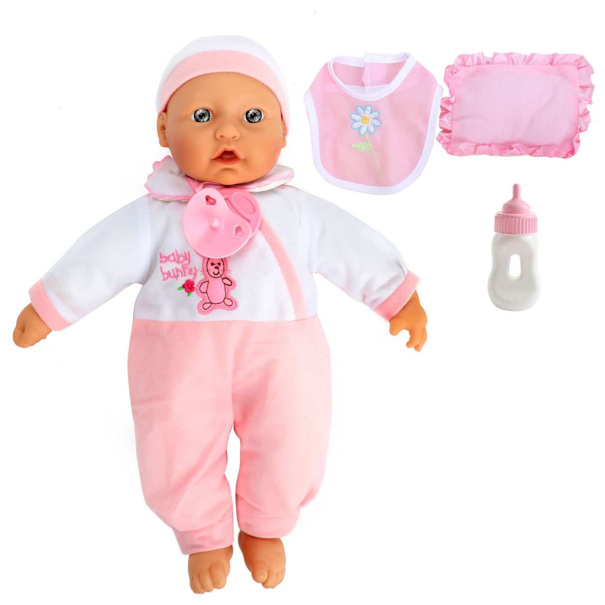 Baby Beau Babypop mat Fläsch a bib, 40 cm