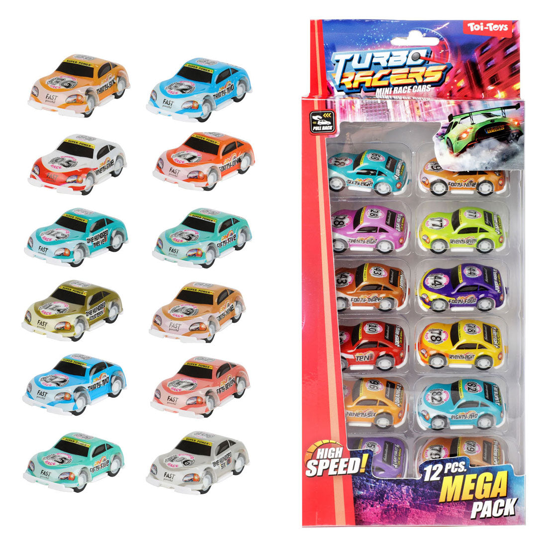 Toi-Toys Turbo Racers Pull Back Race cars, 12st.