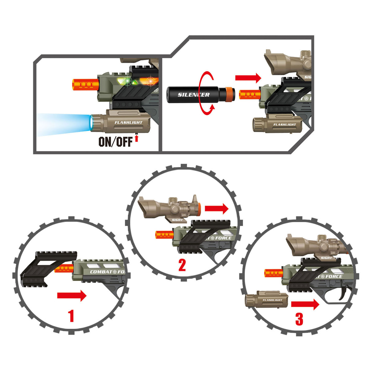 Toi-Toys Alfafox-pistol militärt med ljus och ljud och ficklampa