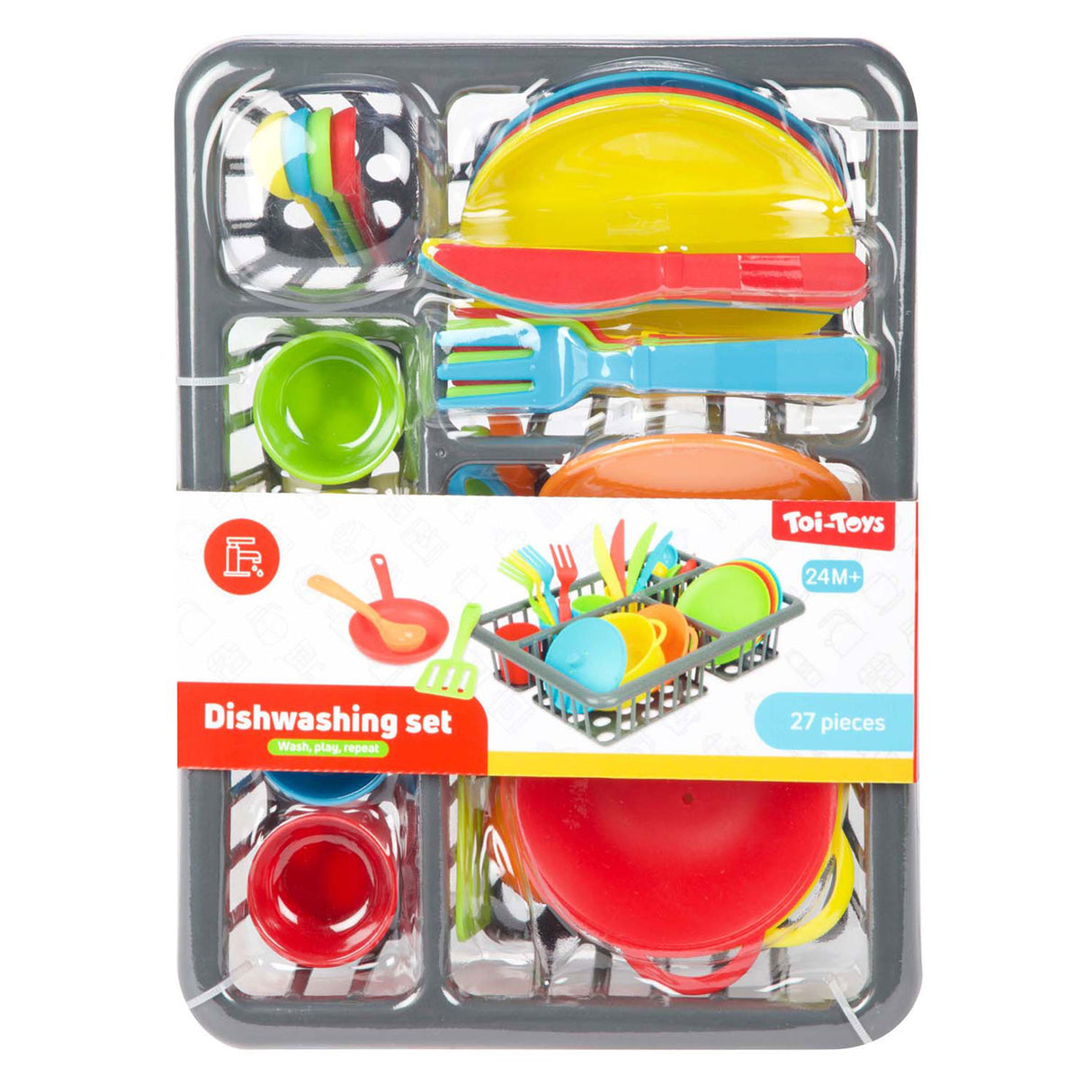 Prateleira para lavar comida caseira Toi-toys com talheres e panelas, 27 unid.