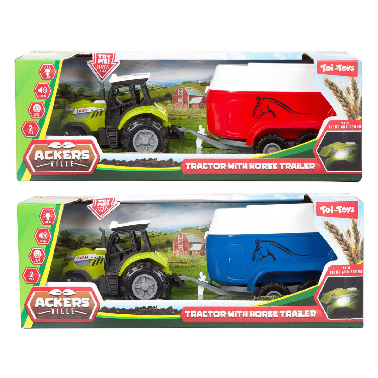 TOI-TOYS Tartere Jore Traktor an Trailer mat Liicht a Sound, 10 cm