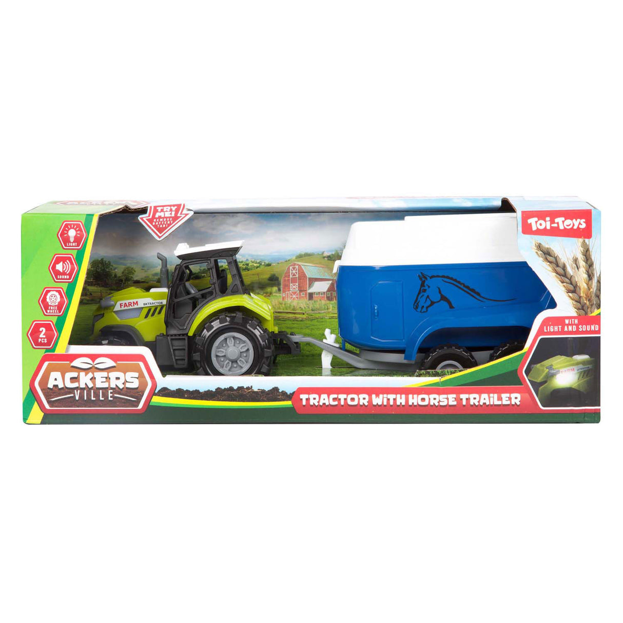 TOI-TOYS Tartere Jore Traktor an Trailer mat Liicht a Sound, 10 cm