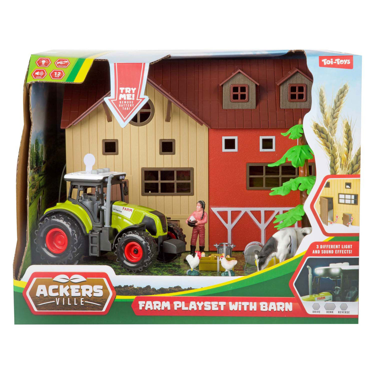 Toi-Toys Ackers Ville farm with tractor light and sound play set, 12dlg.