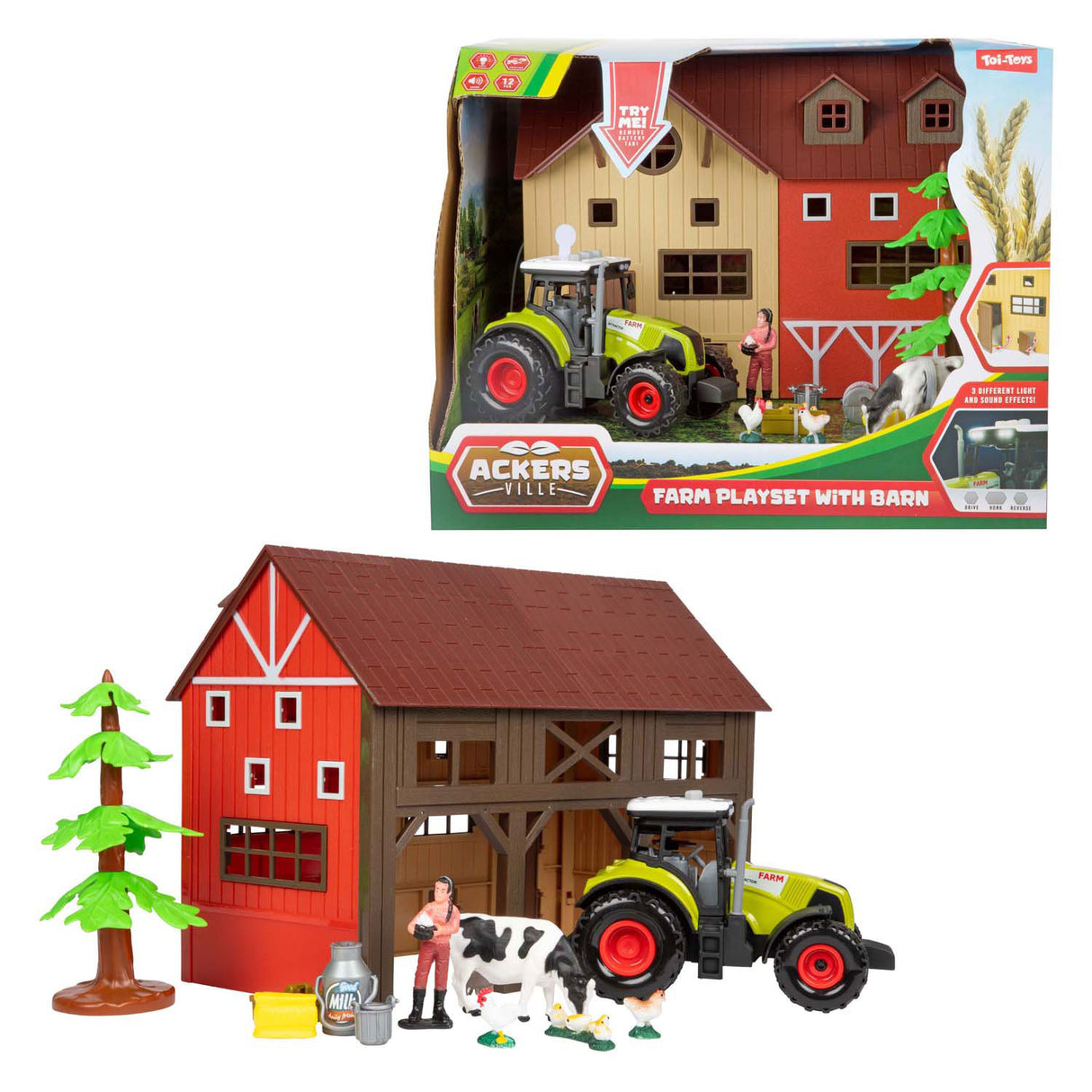 Toi-Toys Ackers Ville farm with tractor light and sound play set, 12dlg.