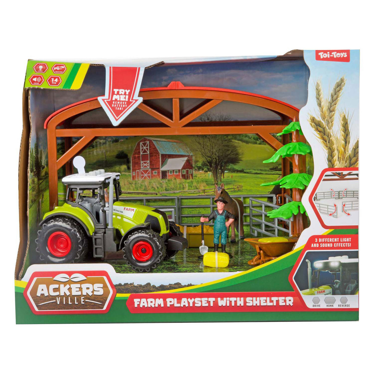 Toi-Toys Ackers Ville horse stable with tractor light and sound play set, 14dlg.