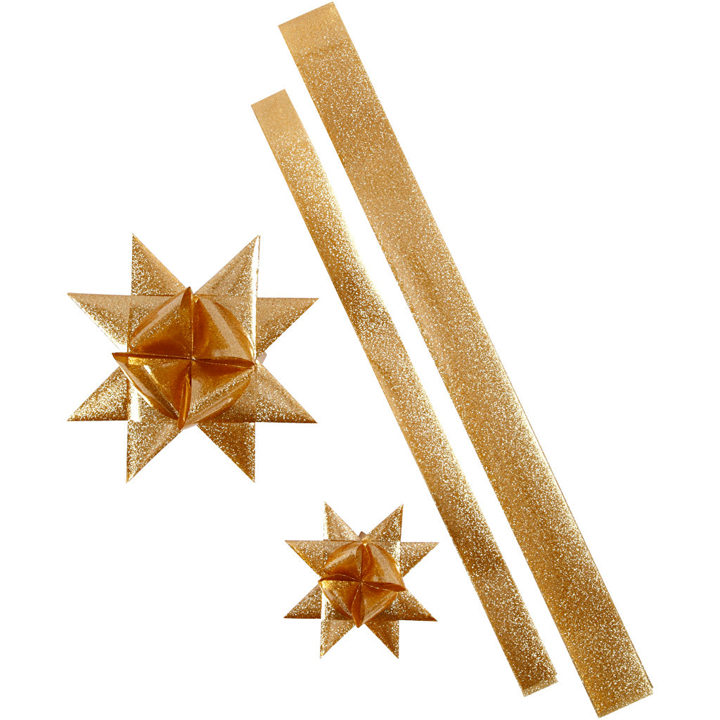 Vivi gade star strips, l: 86+100 cm, w: 25+40 mm, d 11.5+18.5 cm, gold glitter, 16 strips 1 box