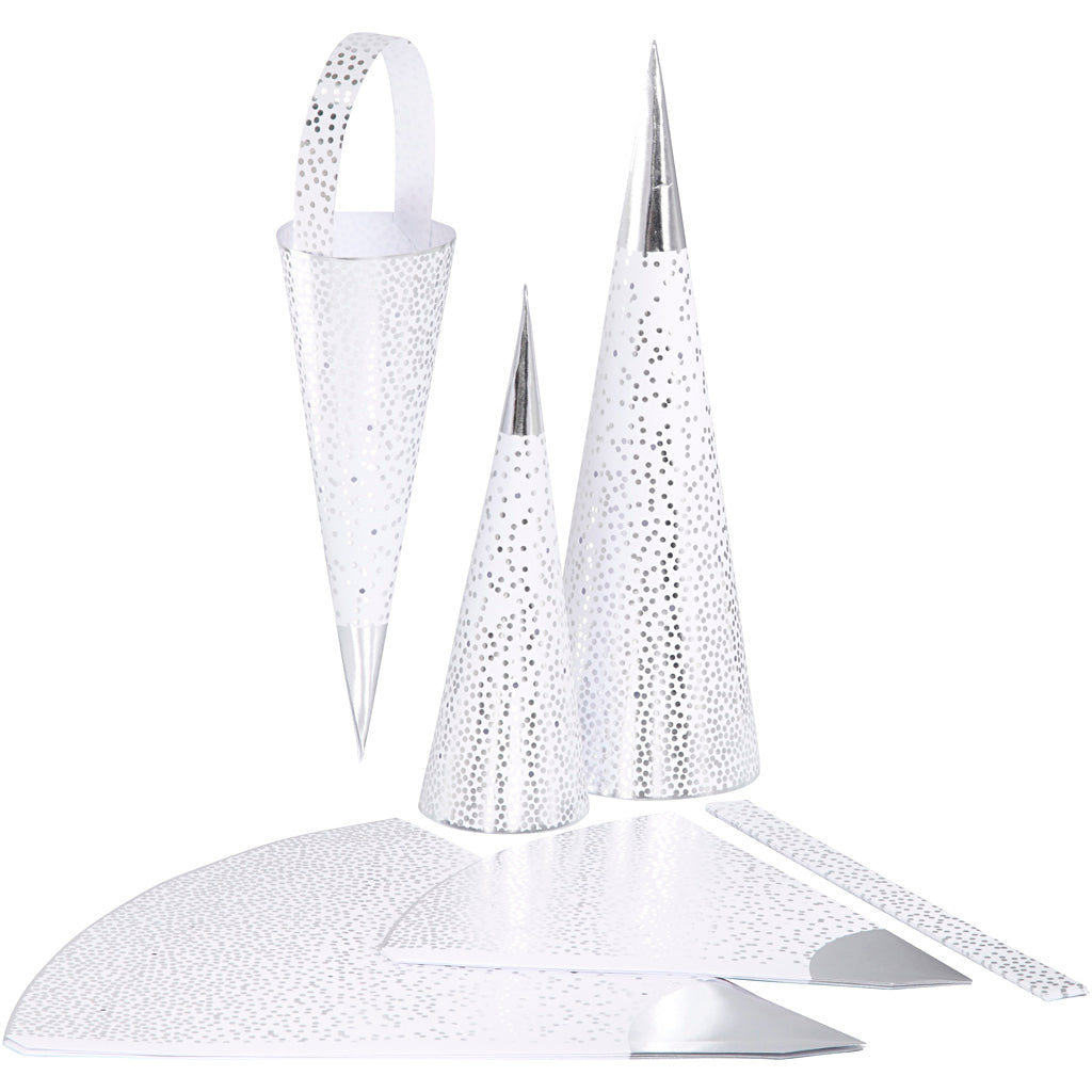 Vivi Gade cones, height 18+28 cm, 120 g, silver, white, 3 pieces in a box