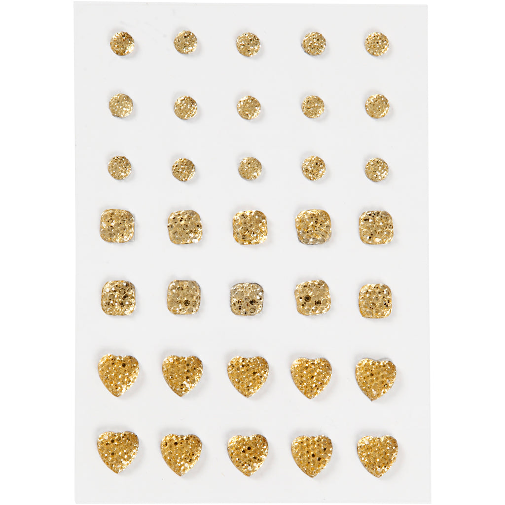 Vivi Gade rhinestones, round, square, heart, size 6+8+10 mm, gold, 35 pieces in a box
