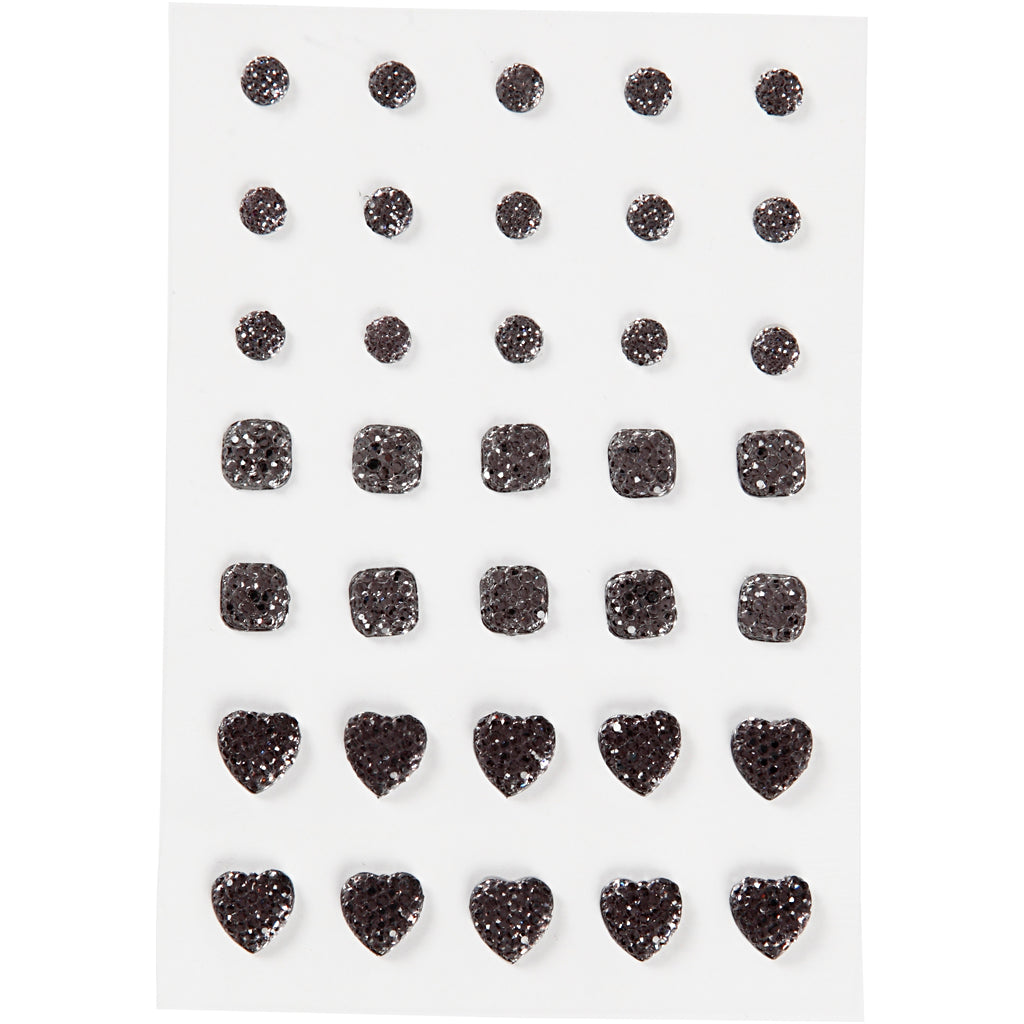 Vivi Gade rhinestones, round, square, heart, size 6+8+10 mm, black, 35 pieces in a box