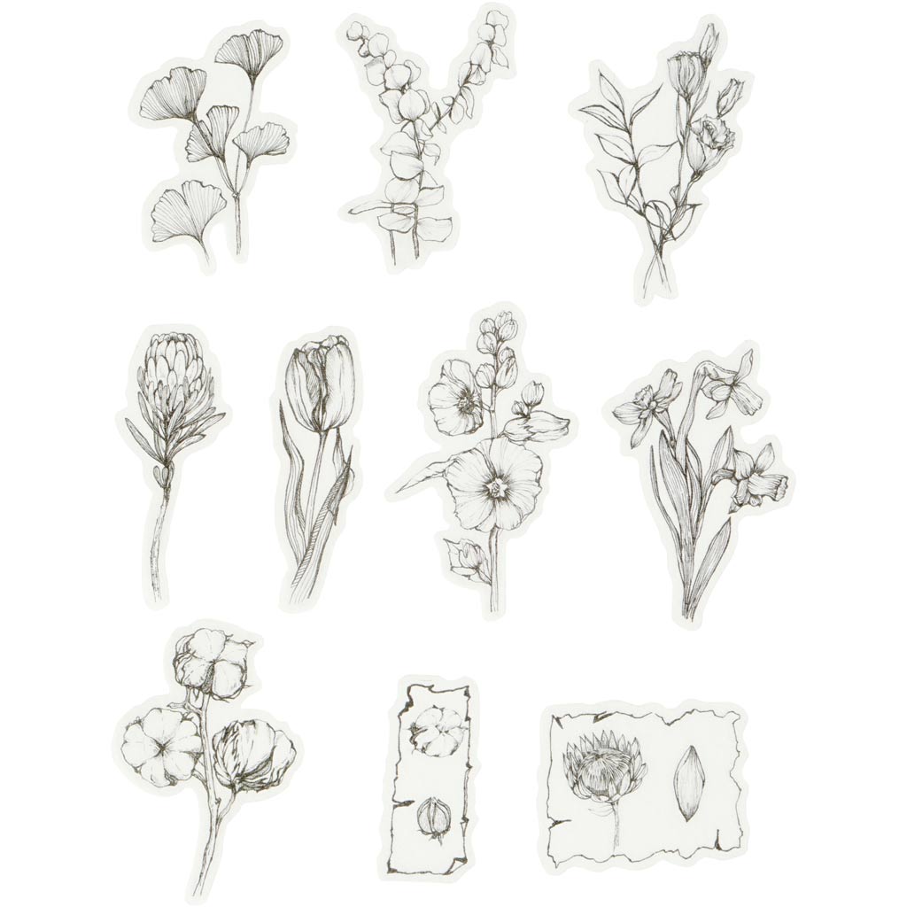 Creativ company masking tape stickers, black and white flowers, size 30-50 mm, 30 pieces 1 box