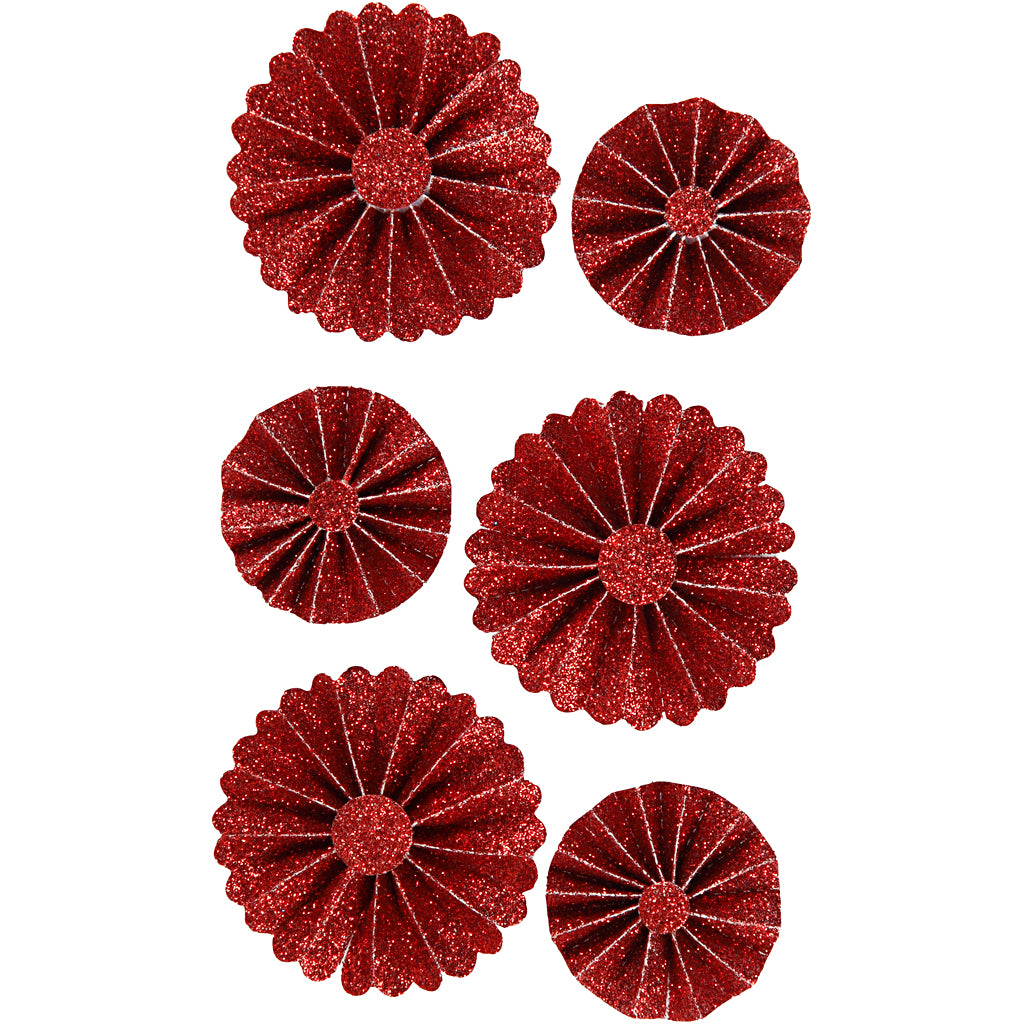 Vivi gade rosettes, d 35+50 mm, red glitter, 6 pieces 1 box