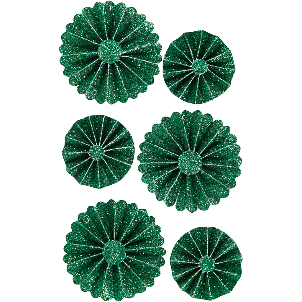 Vivi gade rosettes, d 35+50 mm, green glitter, 6 pieces 1 box