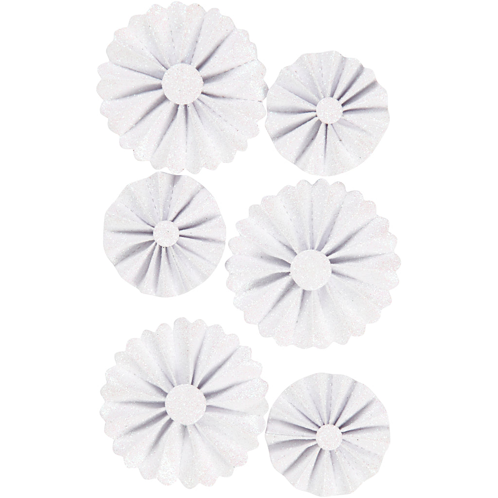 Vivi gade rosettes, d 35+50 mm, white glitter, 6 pieces 1 box