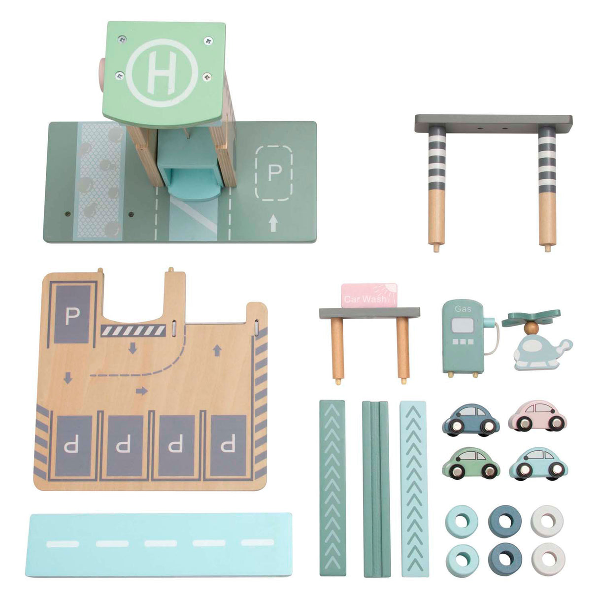 Playwood pastelkleurige houten parkeergarage en tankstation met lift