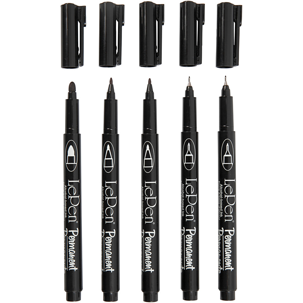 Permanent markers, line thickness 2x0.6 + 2x0.8 + 1.3 mm, black, 5 pieces 1 box