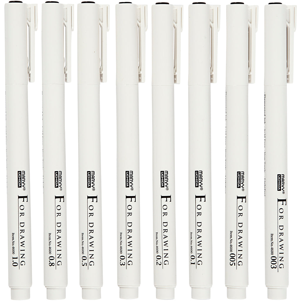 Fineliners, line width 0.03 + 0.05 + 0.1 + 0.2 + 0.3 + 0.5 + 0.8 + 1.0 mm, black, 8 pieces 1 box