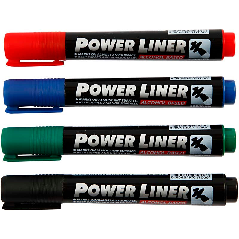 Mungyo power liner, lijndikte 1,5-3 mm, zwart, blauw, groen, rood, 4 stuk 1 doos