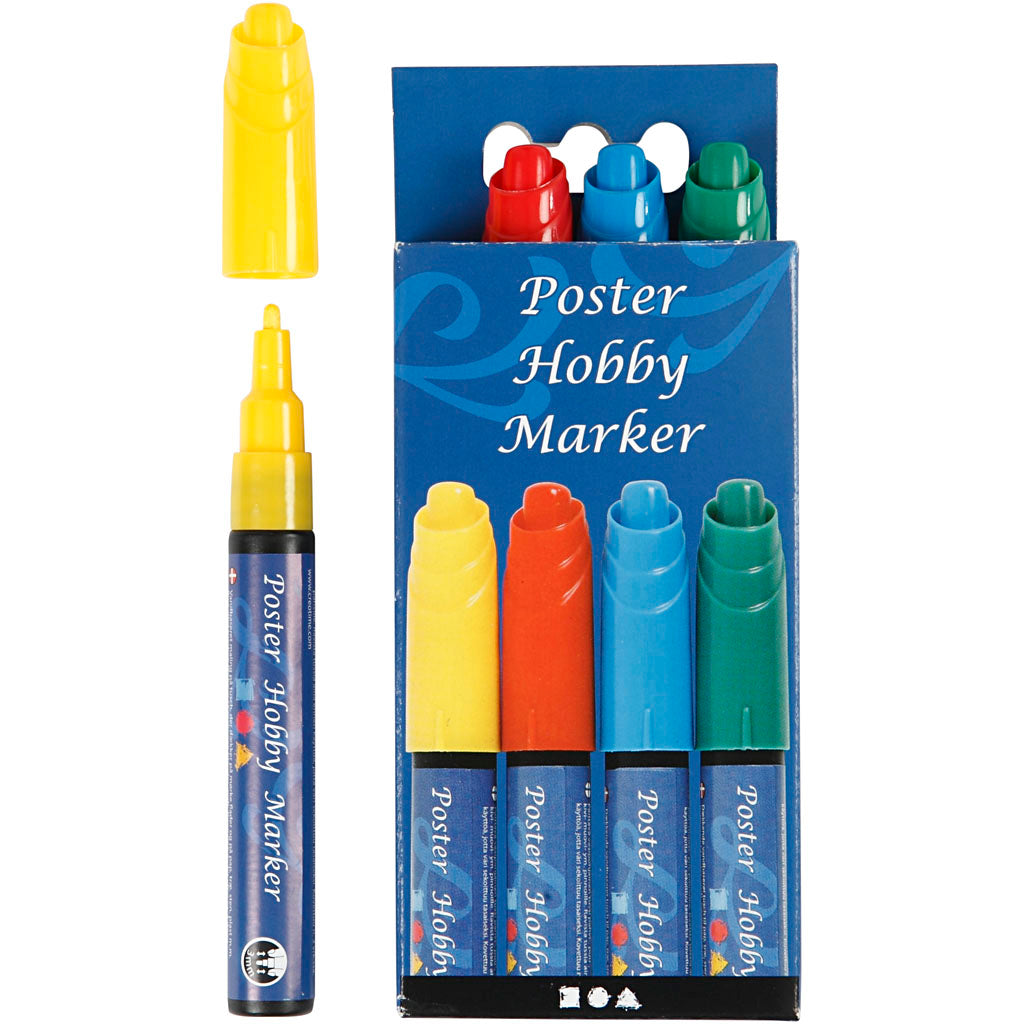 Poster hobby marker, line thickness 3 mm, blue, green, red, yellow, 4 pieces 1 box
