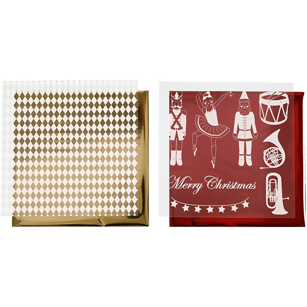 Vivi Gade deco foil and transfer sheet, Nutcracker, Santa Claus and Ballerina, sheet 15x15 cm, gold, red, white, 4 sheets 1 box