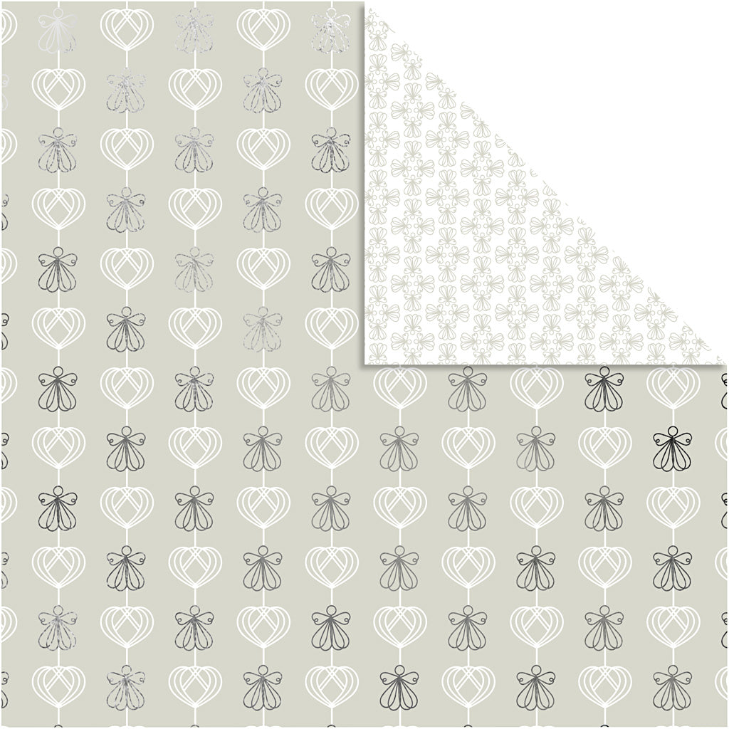 Vivi Gade design paper, angels and hearts, sheet 30.5x30.5 cm, 180 g, silver, 3 sheets 1 box