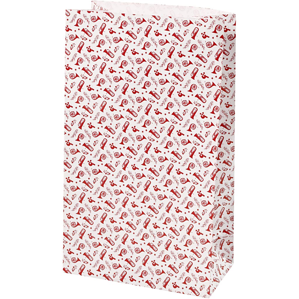 Vivi Gade paper bags, trumpet, h: 21 cm, dim: 6x12 cm, 80 g, red, white, 8 pieces 1 box