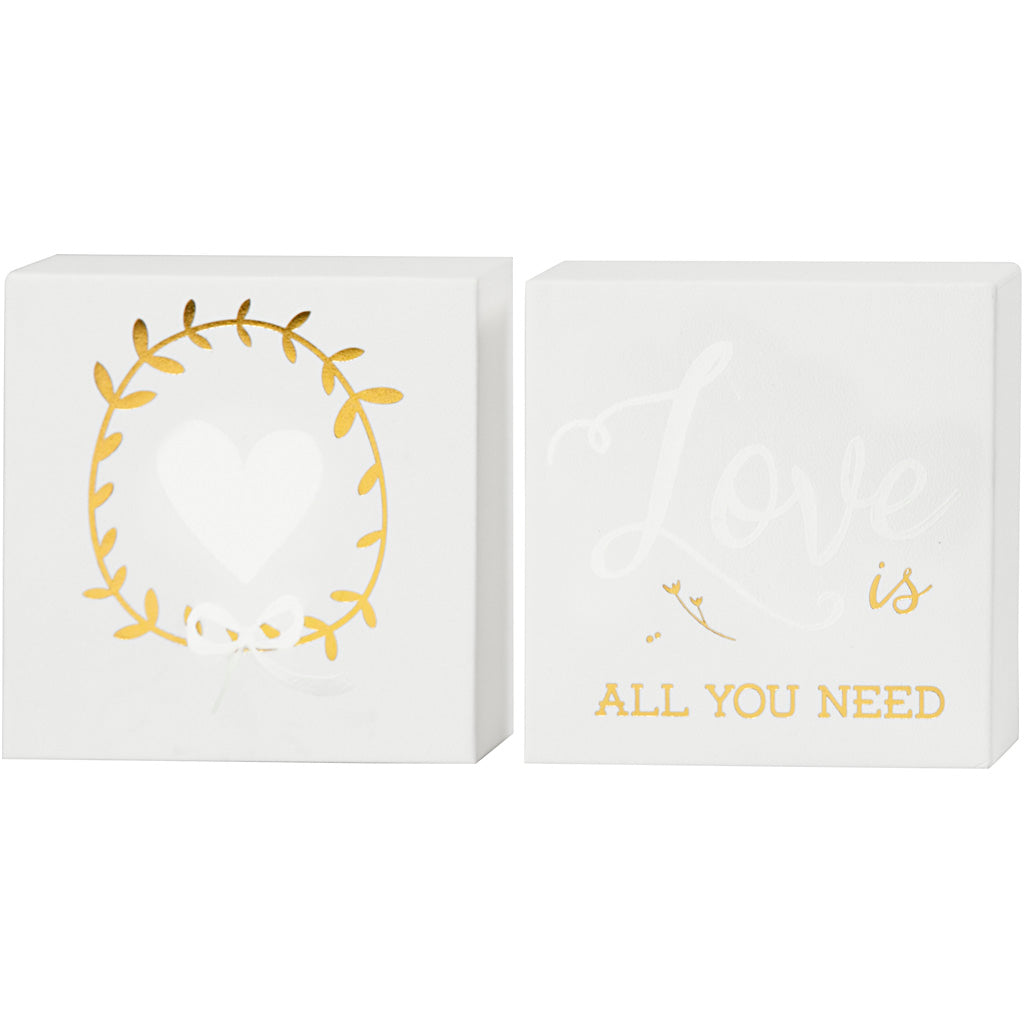 Canvas with gold-colored motifs, h: 10.16 cm, d: 2.54 cm, w: 10.16 cm, white, 2 pieces 1 box