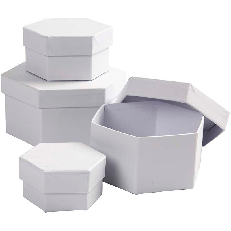 Creativ company hexagonal boxes, h: 4+5+6+7 cm, d 6.5+8+10+12 cm, white, 4 pieces 1 set