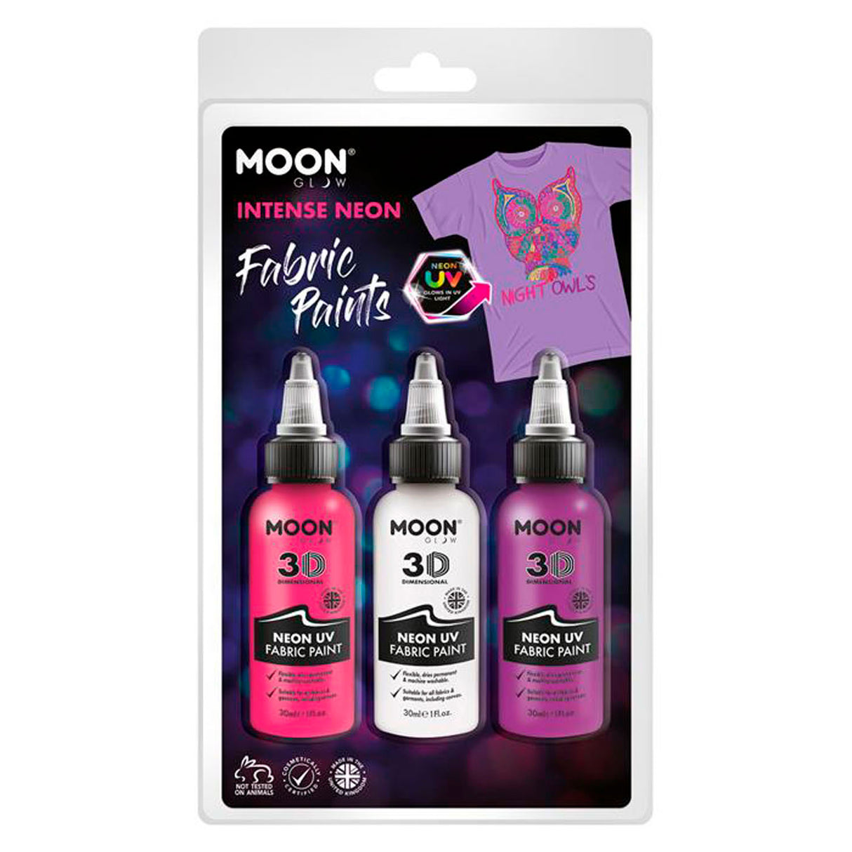 Farba tekstylna neon 3x30 ml - biały, różowy, fioletowy