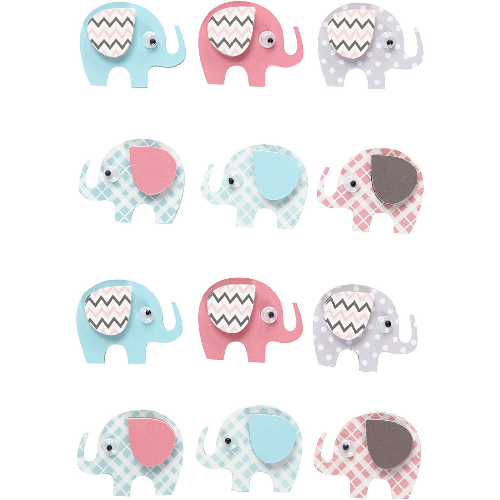 Creativ company 3d stickers, elephants, h: 25 mm, w: 31 mm, thickness 7 mm, 12 pieces 1 box