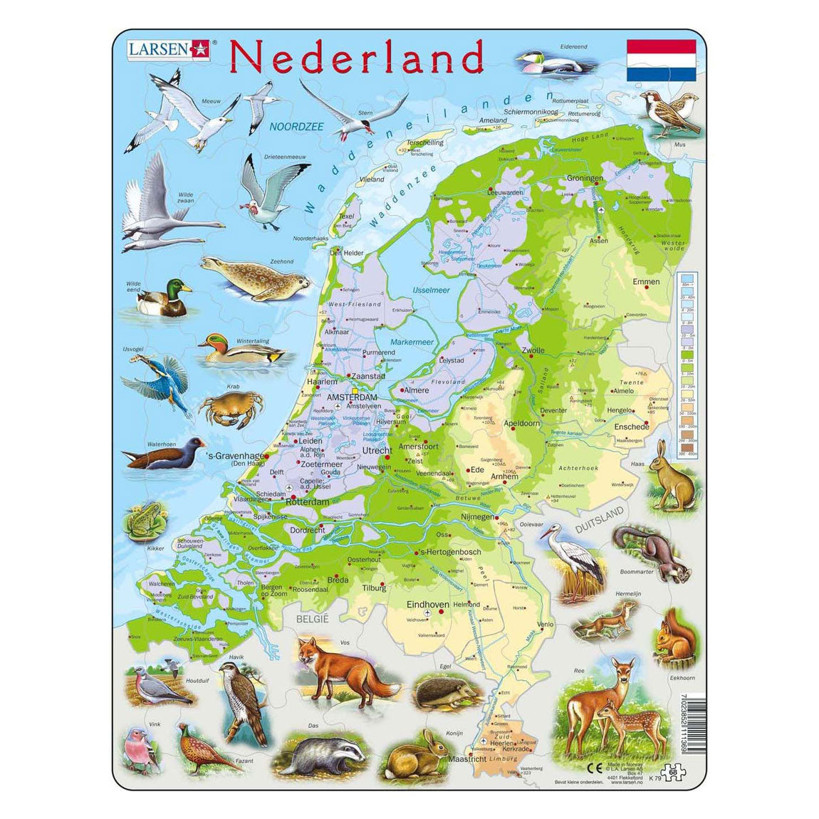 Selecta Larsen Pluzzle Carte Nederland - Géographique avec des animaux, 68e.
