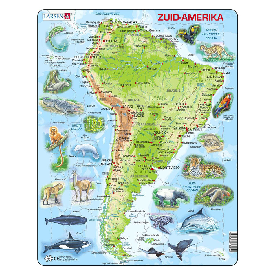 Mapa de quebra-cabeça Selecta Larsen do Sul, América geograficamente com animais, 65 unid.
