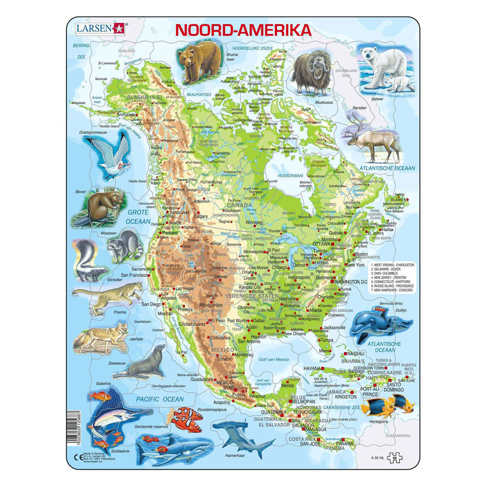 Selecta Larsen jigsaw puzzle map North America geographically with animals, 66 pcs.