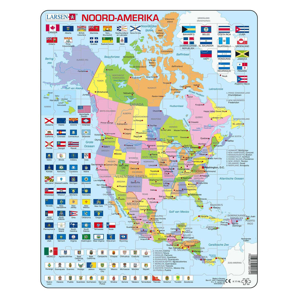 Mapa de quebra-cabeça Selecta Larsen da América do Norte com estados e bandeiras, 70 peças.