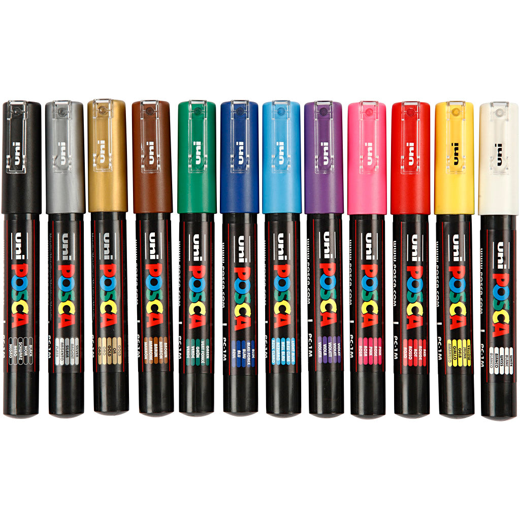Uni-posca posca marker, afm pc-1m, lijndikte 0,7 mm, extra-fijn, diverse kleuren, 12 stuk 1 doos