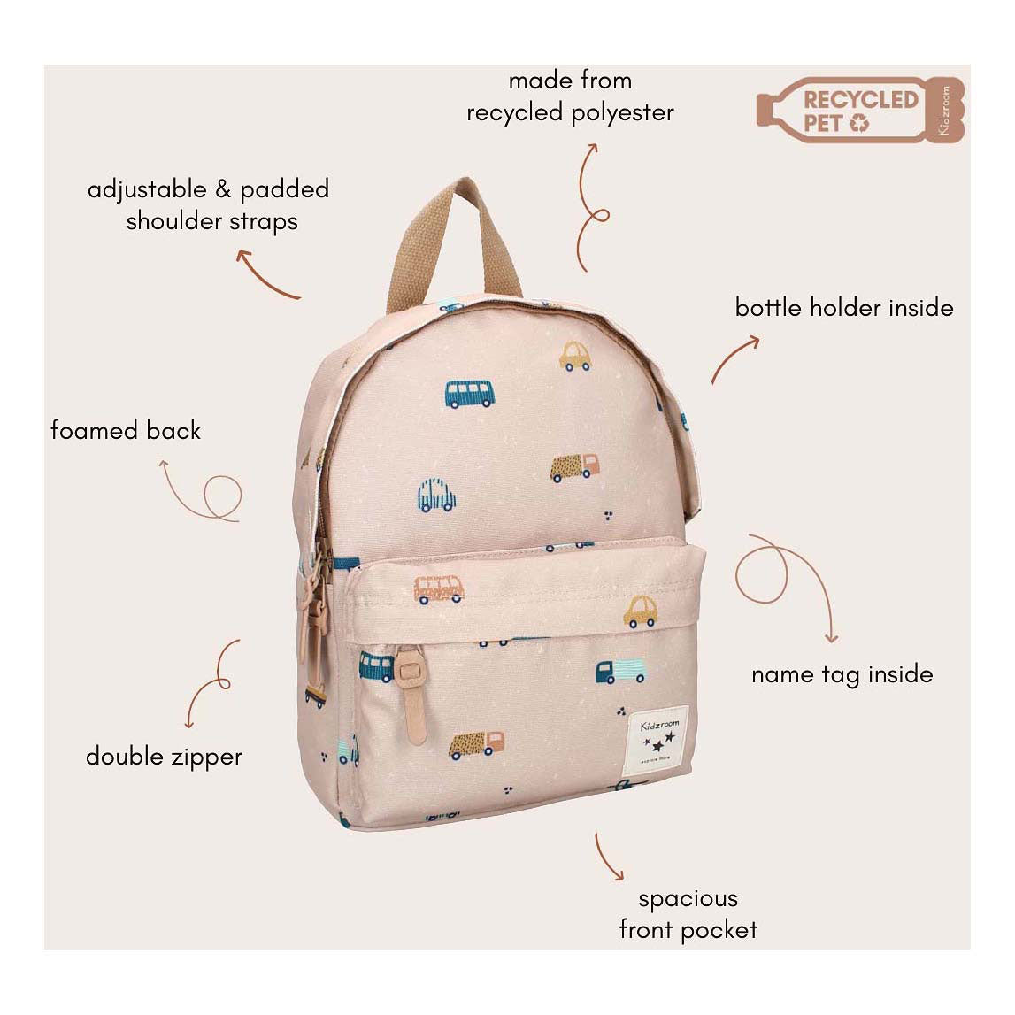 Mochila kidzroom paris dulces abrazos vehículos