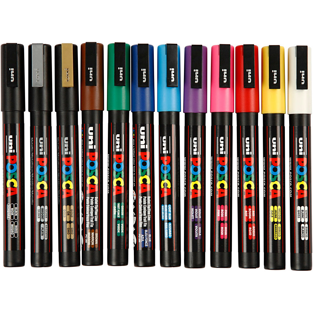 Uni-posca posca marker, afm pc-3m, lijndikte 0,9-1,3 mm, fijn, diverse kleuren, 12 stuk 1 doos