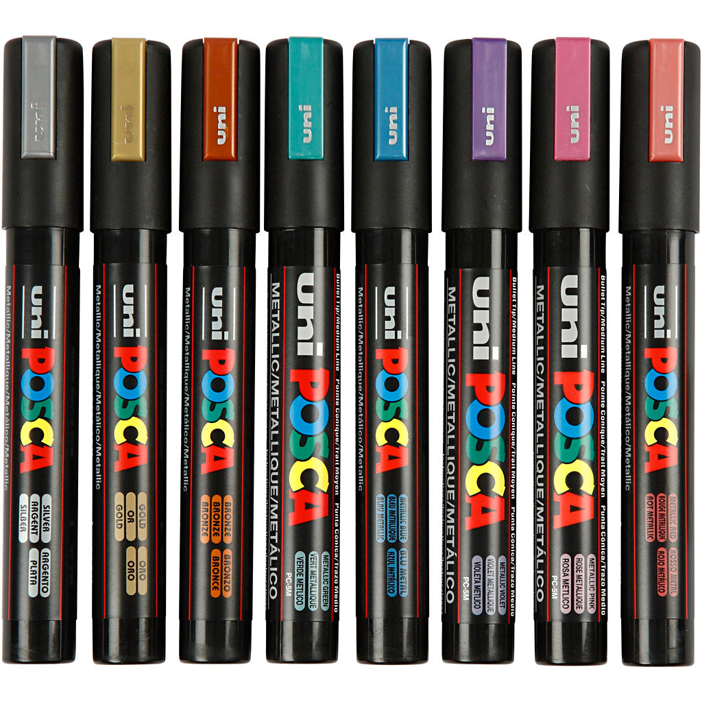 Uni-posca posca marker, afm pc-5m, lijndikte 2,5 mm, medium, metallic kleuren, 8 stuk 1 doos