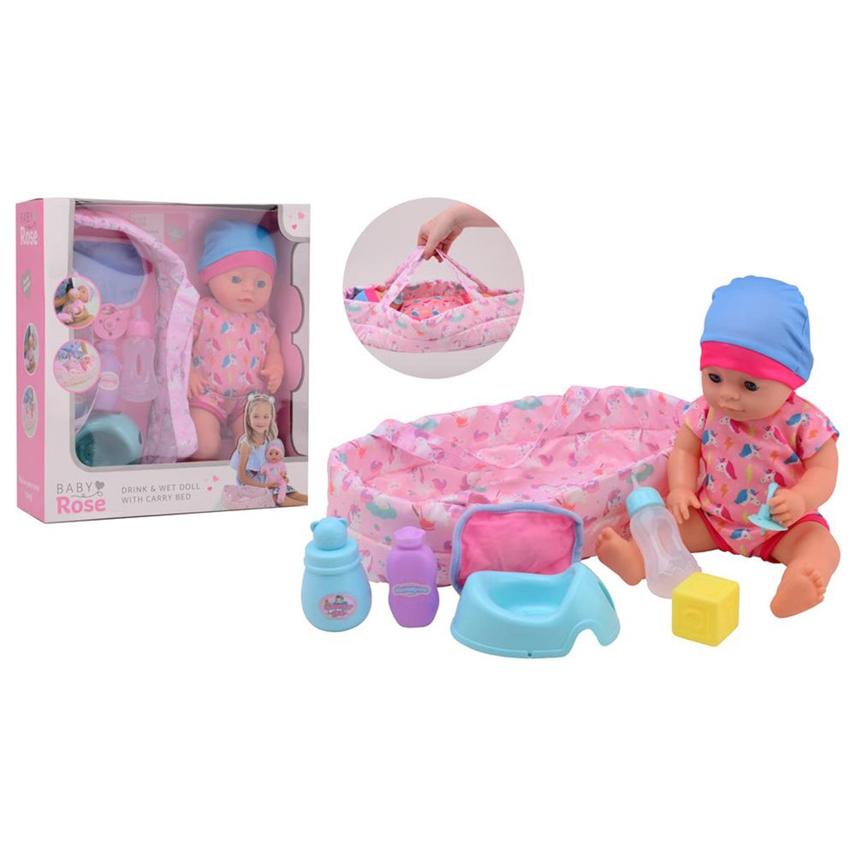 Bebê rosa bebendo plas babypop, 35cm