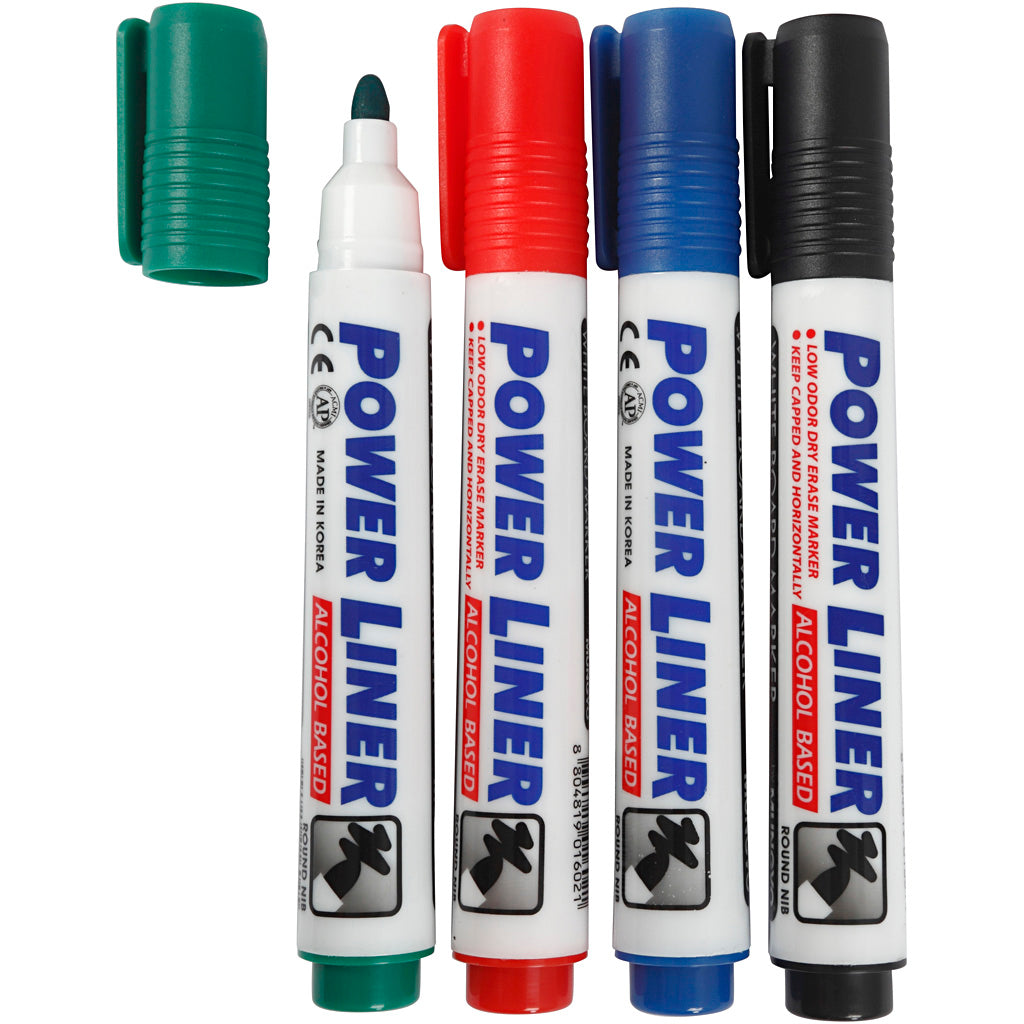 Whiteboard markers, line thickness 4 mm, black, blue, green, red, 4 pieces 1 box