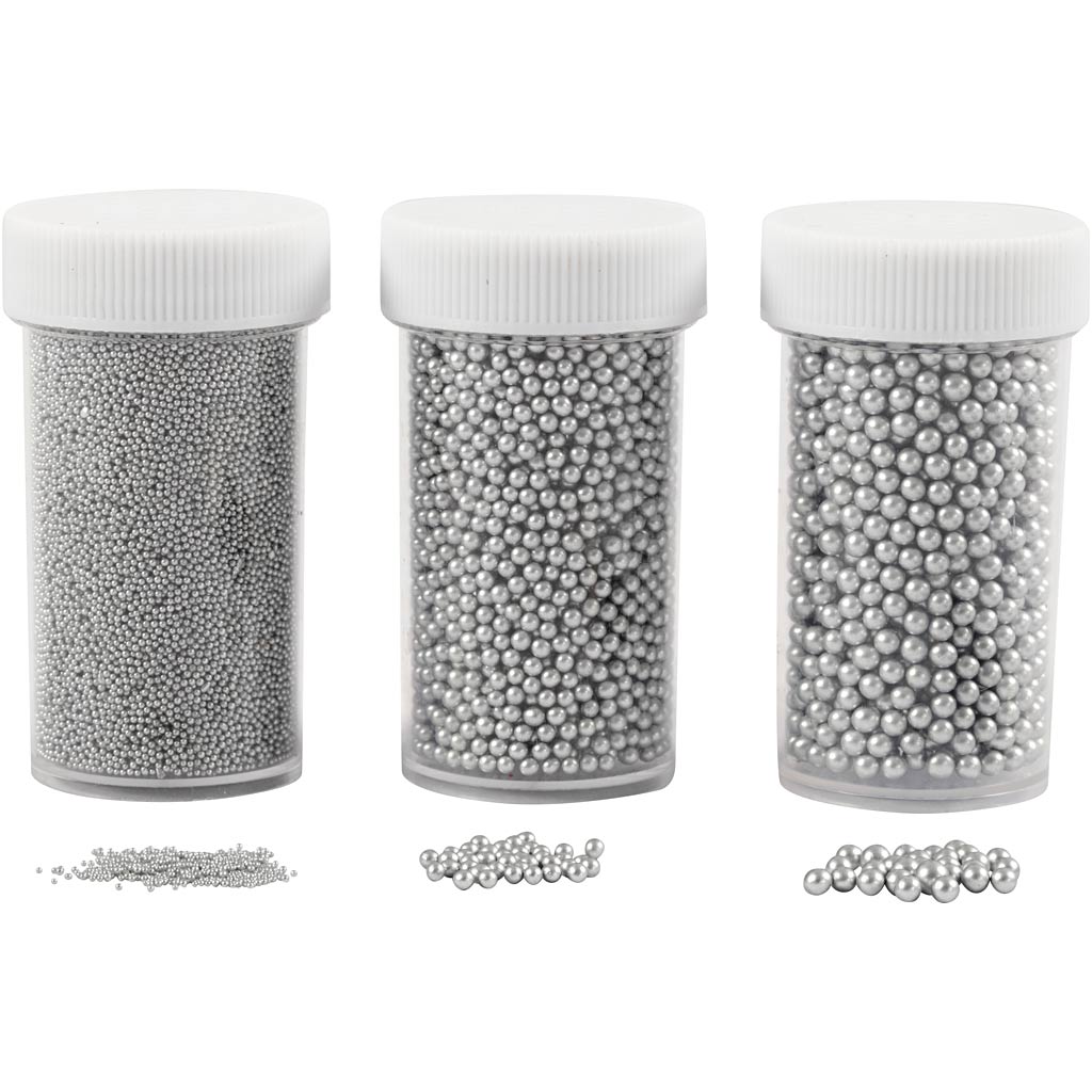 Creativ company mini stones of glass, size 0.6-0.8 + 1.5-2 + 3 mm, silver, 3x45 gr 1 box