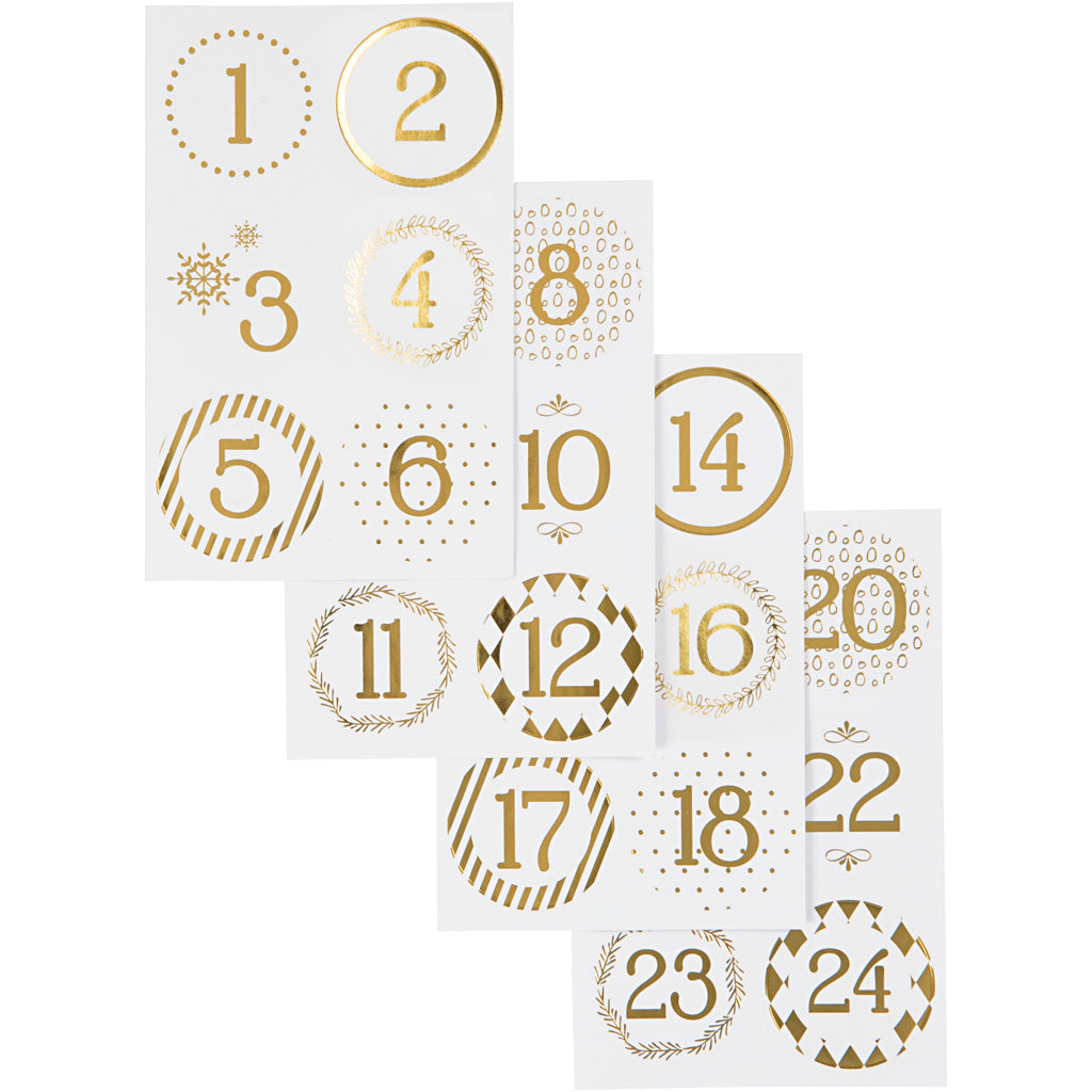 Vivi Gade Christmas calendar number stickers, d 40 mm, sheet 9x14 cm, gold, white, 4 sheets 1 box