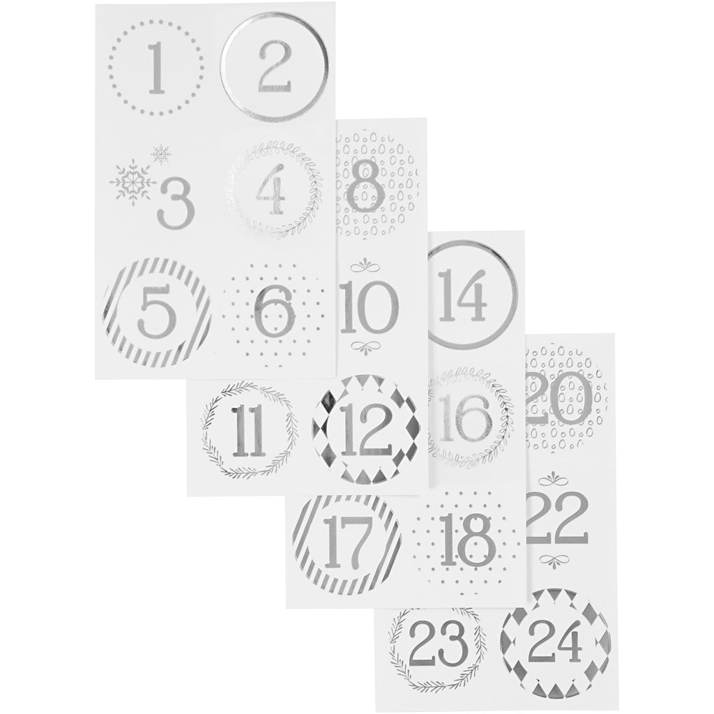 Vivi Gade Christmas calendar number stickers, d 40 mm, sheet 9x14 cm, silver, white, 4 sheets 1 box