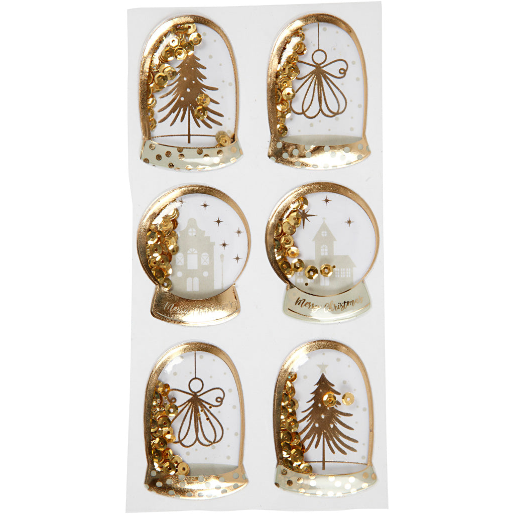 Vivi Gade shaker stickers, angel, tree and houses, size 49x32+45x36 mm, gold, 6 pieces 1 box