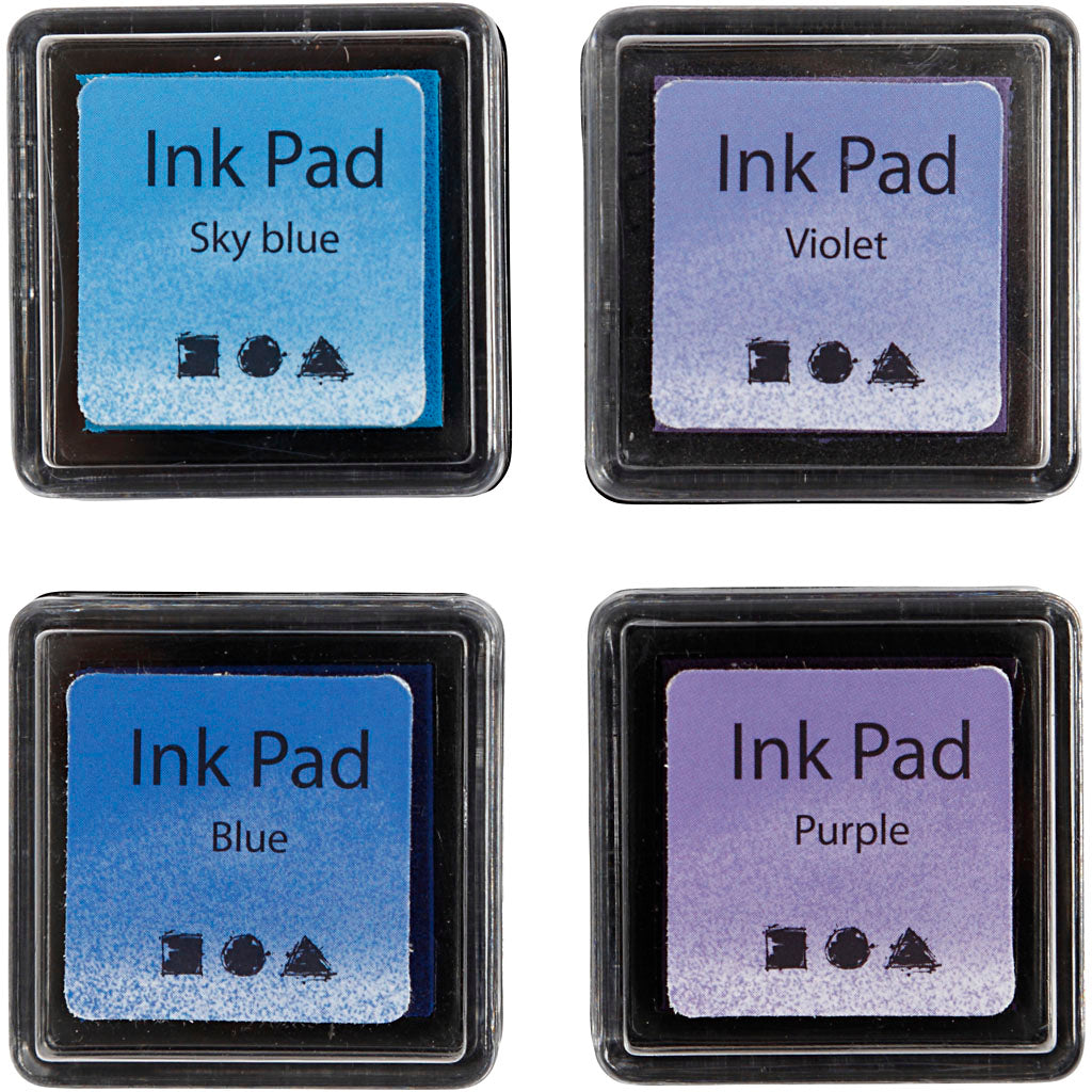 Creativ company stamp ink, h: 2 cm, size 3.5 x 3.5 cm, blue, sky blue, purple, violet, 4 pieces 1 box