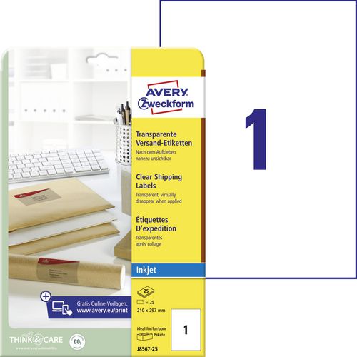 Inkjetetiketten avery j8567-25 210 x 297 mm transparant herplakbaar