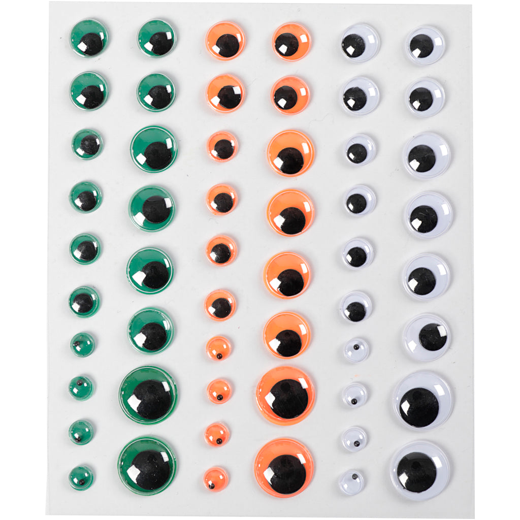 Creativ company wiggle eyes, self-adhesive, d 6+8+10+12+15 mm, green, orange, white, 54 pieces, 1 sheet