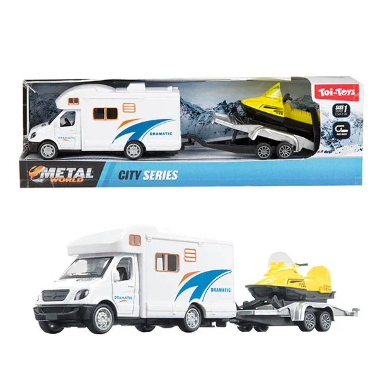 Toi-toys kovinski potegljivi avtodom s prikolico in motornimi sanmi