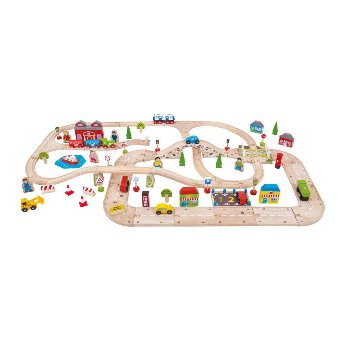 Bigjigs Wooden Train Track e Autoway Set, 105dlg.